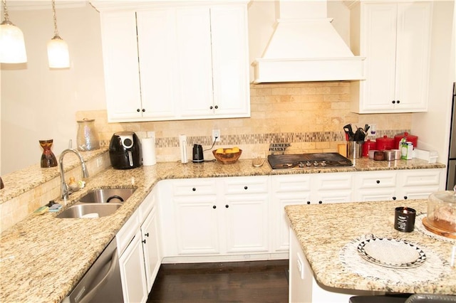 305 Anise Ct, Mcdonough, GA 30252 - kitchen with decorative backsplash, premium range hood, a sink, and light stone countertops