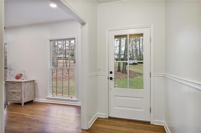 doorway featuring dark hardwood / wood-style floors, a healthy amount of sunlight, and ornamental molding