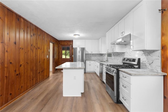 kitchen with under cabinet range hood, a sink, appliances with stainless steel finishes, light wood finished floors, and tasteful backsplash