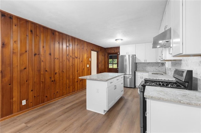 kitchen featuring stainless steel appliances, a sink, light wood finished floors, and ventilation hood