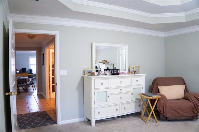 living area with light colored carpet and crown molding