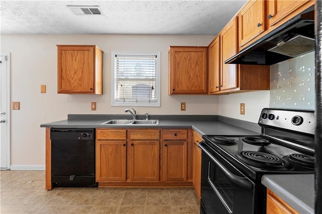 kitchen with sink, electric range, black dishwasher, and a textured ceiling