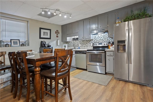 kitchen with decorative backsplash, light wood-style floors, appliances with stainless steel finishes, light countertops, and under cabinet range hood