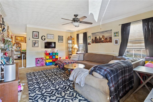 carpeted living area with a textured ceiling, a ceiling fan, and crown molding