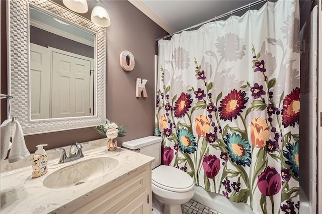 bathroom with vanity, toilet, ornamental molding, and a shower with shower curtain