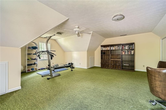 exercise area with baseboards, a textured ceiling, carpet flooring, and vaulted ceiling