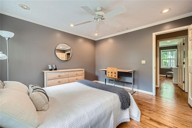 bedroom featuring visible vents, recessed lighting, light wood finished floors, and baseboards