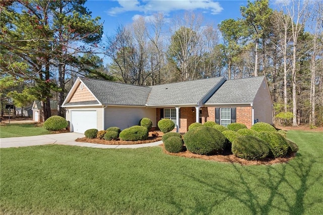 ranch-style home with brick siding, a shingled roof, a front yard, a garage, and driveway