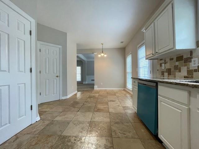 690 Kimball Parc Way, Alpharetta, GA 30022 - kitchen featuring dishwasher, a chandelier, plenty of natural light, and white cabinets