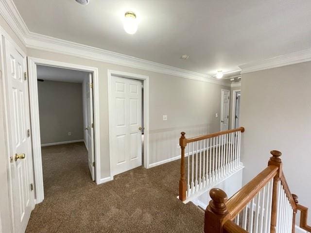 690 Kimball Parc Way, Alpharetta, GA 30022 - hallway featuring an upstairs landing, dark carpet, ornamental molding, and baseboards
