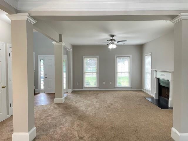 690 Kimball Parc Way, Alpharetta, GA 30022 - unfurnished living room featuring carpet, decorative columns, a fireplace with flush hearth, ceiling fan, and baseboards