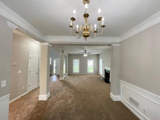 690 Kimball Parc Way, Alpharetta, GA 30022 - unfurnished living room with decorative columns, ornamental molding, a chandelier, carpet flooring, and a fireplace with flush hearth