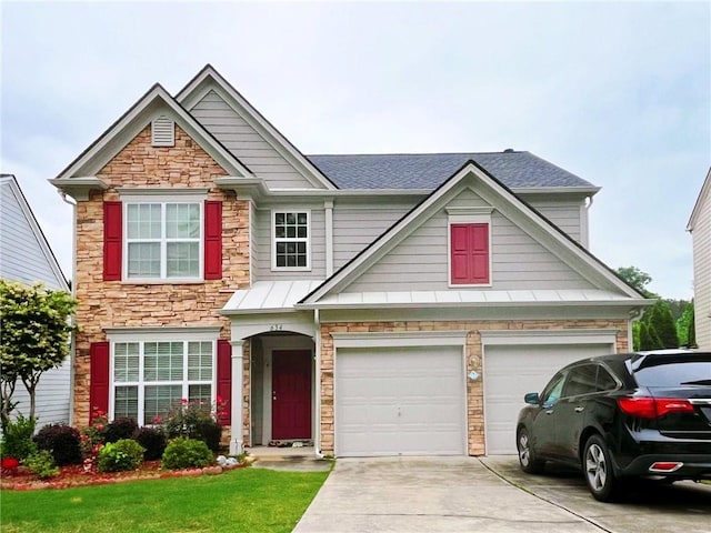 view of front of property with stone siding, concrete driveway, a garage, and a shingled roof