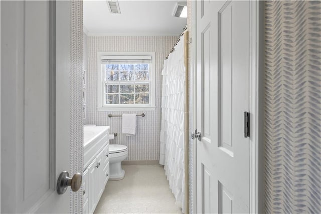 full bathroom with visible vents, toilet, tile patterned floors, wallpapered walls, and vanity