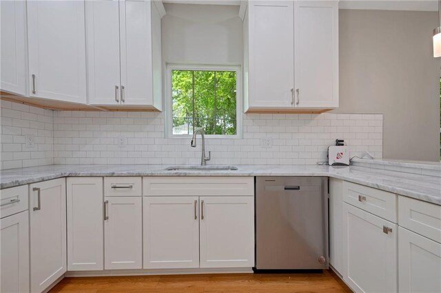 1857 Derrill Dr, Decatur, GA 30032 - kitchen featuring decorative backsplash, white cabinetry, a sink, and dishwasher