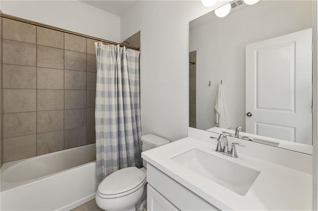 bathroom featuring toilet, shower / bath combo, and vanity