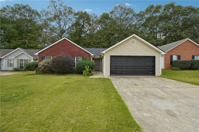 single story home with a front yard and a garage