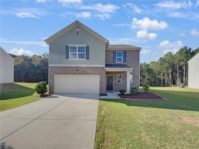 view of front of property featuring a garage and a front lawn