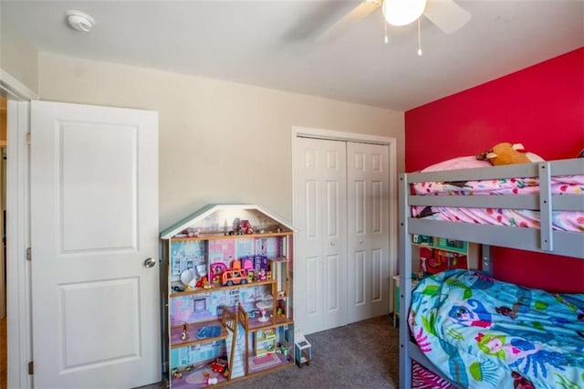 bedroom featuring a closet, carpet flooring, and ceiling fan