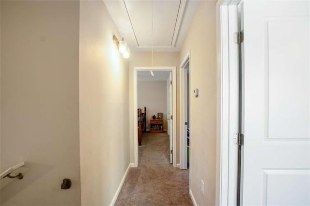 hall featuring carpet floors, attic access, and baseboards