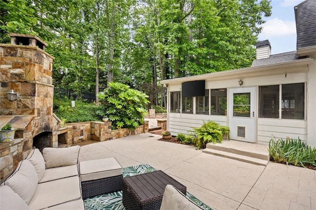 10000 Groomsbridge Rd, Johns Creek, GA 30022 - view of patio / terrace with a sunroom and an outdoor living space with a fireplace