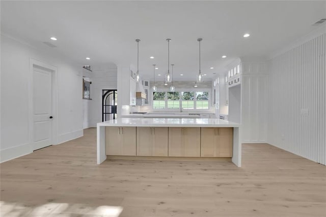 3903 Indian Shoals Rd SE, Bethlehem, GA 30620 - kitchen featuring light countertops, light wood-type flooring, white cabinetry, a large island, and recessed lighting
