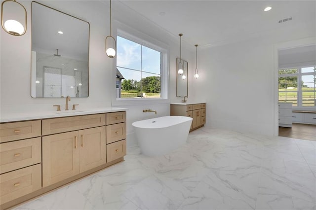 3903 Indian Shoals Rd SE, Bethlehem, GA 30620 - full bathroom featuring two vanities, marble look tiles, a walk in shower, a soaking tub, and recessed lighting