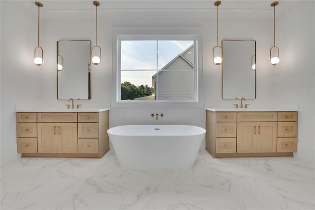 3903 Indian Shoals Rd SE, Bethlehem, GA 30620 - bathroom featuring marble look tiles, a soaking tub, and two vanities