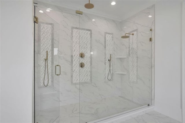 3903 Indian Shoals Rd SE, Bethlehem, GA 30620 - full bathroom with a marble finish shower, marble finish floors, and recessed lighting
