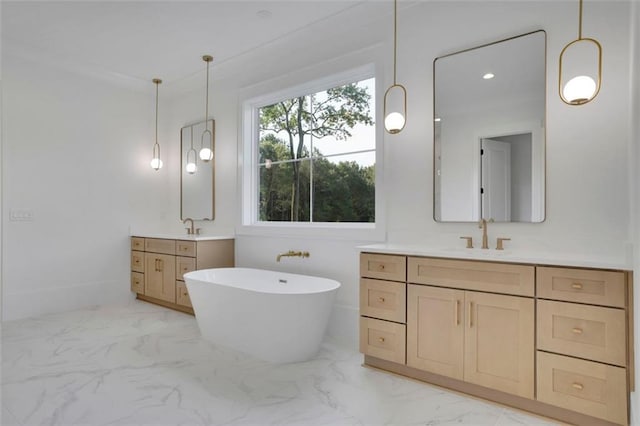 3903 Indian Shoals Rd SE, Bethlehem, GA 30620 - full bathroom with marble finish flooring, two vanities, and a freestanding tub