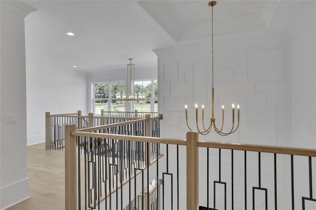 3903 Indian Shoals Rd SE, Bethlehem, GA 30620 - corridor with a chandelier, an upstairs landing, light wood-style floors, and recessed lighting