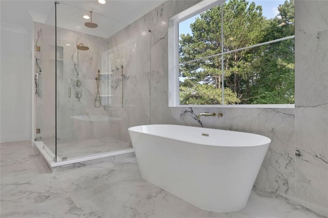 3903 Indian Shoals Rd SE, Bethlehem, GA 30620 - full bathroom with marble tiled flooring, a freestanding bath, and a marble finish shower