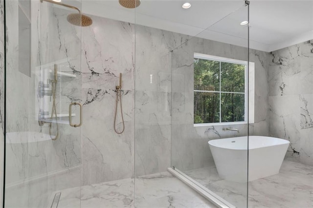 3903 Indian Shoals Rd SE, Bethlehem, GA 30620 - bathroom with a marble finish shower, a soaking tub, marble tiled floors, recessed lighting, and stone wall