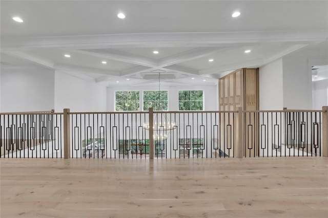 3903 Indian Shoals Rd SE, Bethlehem, GA 30620 - hallway with coffered ceiling, wood finished floors, recessed lighting, and beamed ceiling