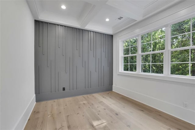 3903 Indian Shoals Rd SE, Bethlehem, GA 30620 - spare room featuring beam ceiling, light wood-style flooring, coffered ceiling, ornamental molding, and recessed lighting