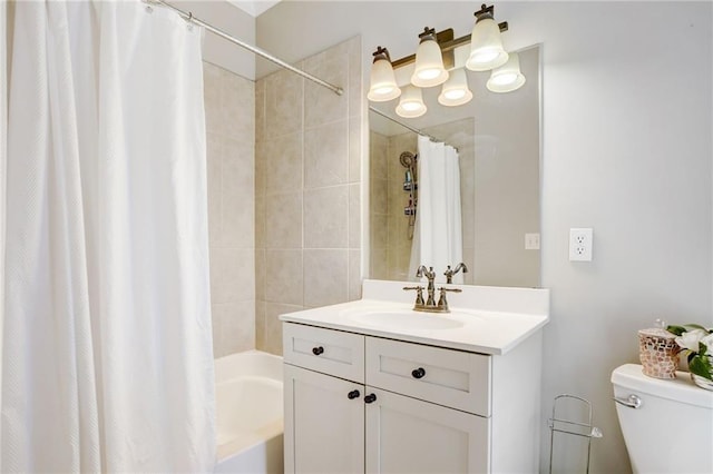 full bathroom with toilet, vanity, and shower / tub combo