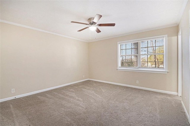 unfurnished room with ceiling fan, crown molding, and carpet floors