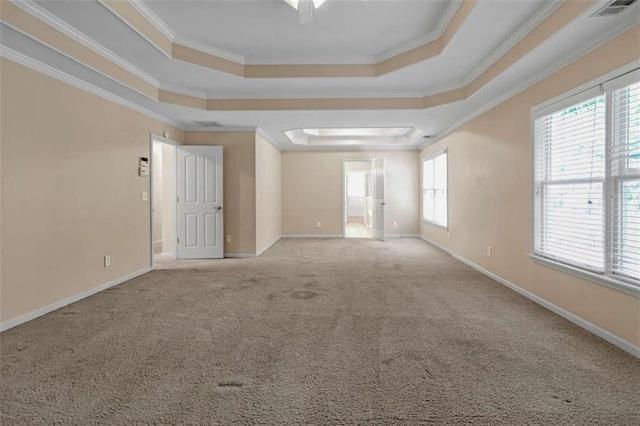 carpeted spare room with a raised ceiling and crown molding