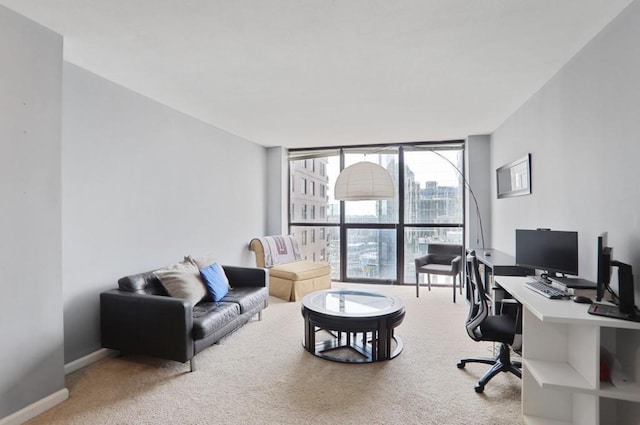 carpeted office featuring a wall of windows and baseboards