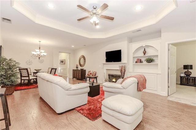 1555 Water Vista Ct Unit 4102, Cumming, GA 30041 - living room with light wood-style floors, a raised ceiling, ceiling fan, ornamental molding, and recessed lighting