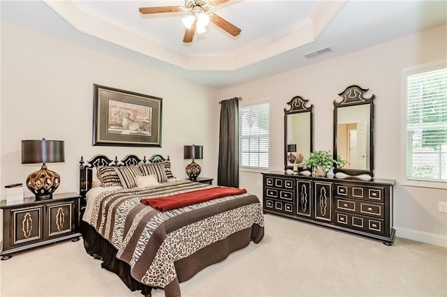 1555 Water Vista Ct Unit 4102, Cumming, GA 30041 - carpeted bedroom with multiple windows, a raised ceiling, crown molding, and ceiling fan