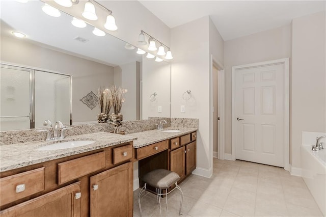1555 Water Vista Ct Unit 4102, Cumming, GA 30041 - full bathroom featuring double vanity, tile patterned floors, a shower stall, a bath, and baseboards