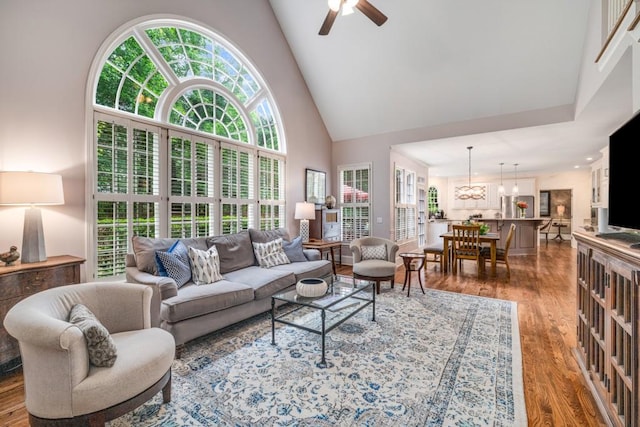 living area with high vaulted ceiling, wood finished floors, ceiling fan, and a chandelier