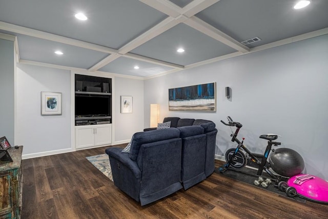 living room with wood finished floors, recessed lighting, beamed ceiling, coffered ceiling, and baseboards