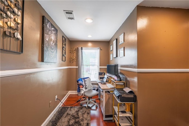 office space with visible vents, recessed lighting, baseboards, and wood finished floors