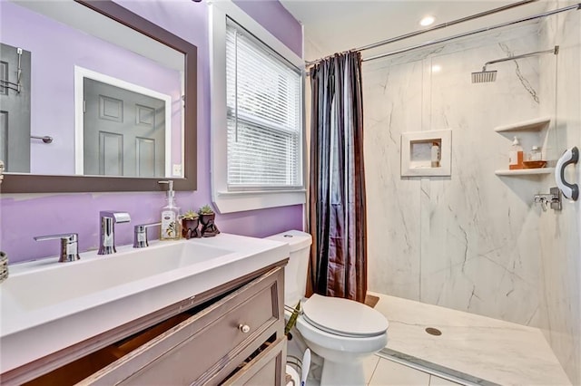 full bath with vanity, a marble finish shower, toilet, and recessed lighting