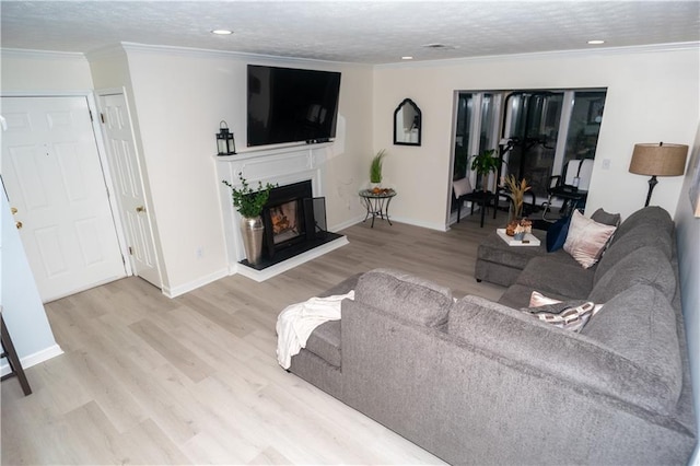 living room featuring a textured ceiling, light wood-type flooring, and crown molding