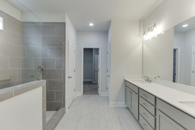 199 Montview Dr, Jefferson, GA 30549 - bathroom featuring double vanity, baseboards, walk in shower, a walk in closet, and a sink