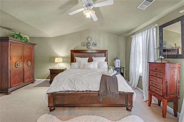 bedroom featuring visible vents, a ceiling fan, light carpet, vaulted ceiling, and baseboards