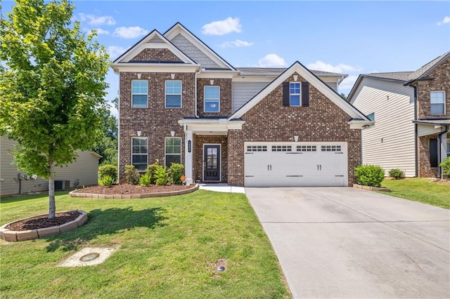 craftsman-style home featuring a garage, concrete driveway, brick siding, and a front lawn